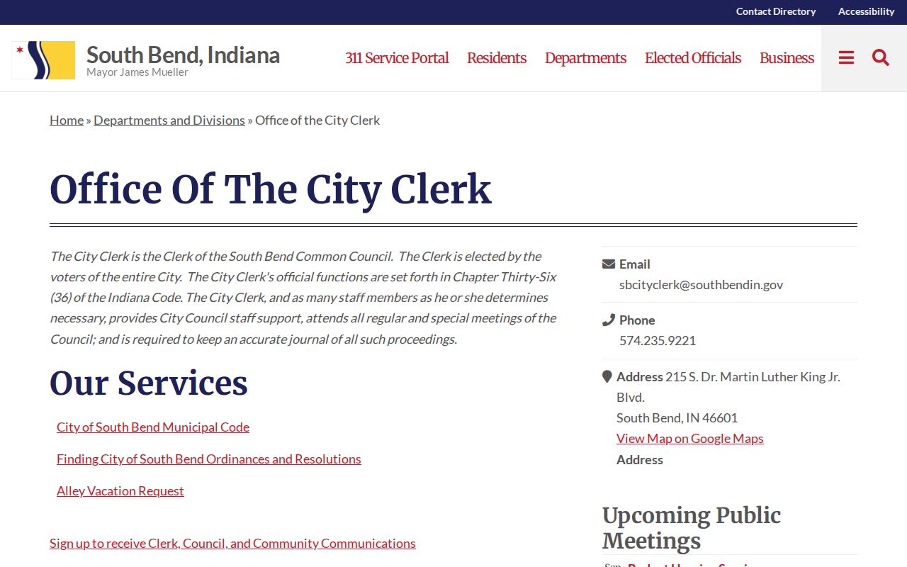South Bend residents directory City Clerk records page