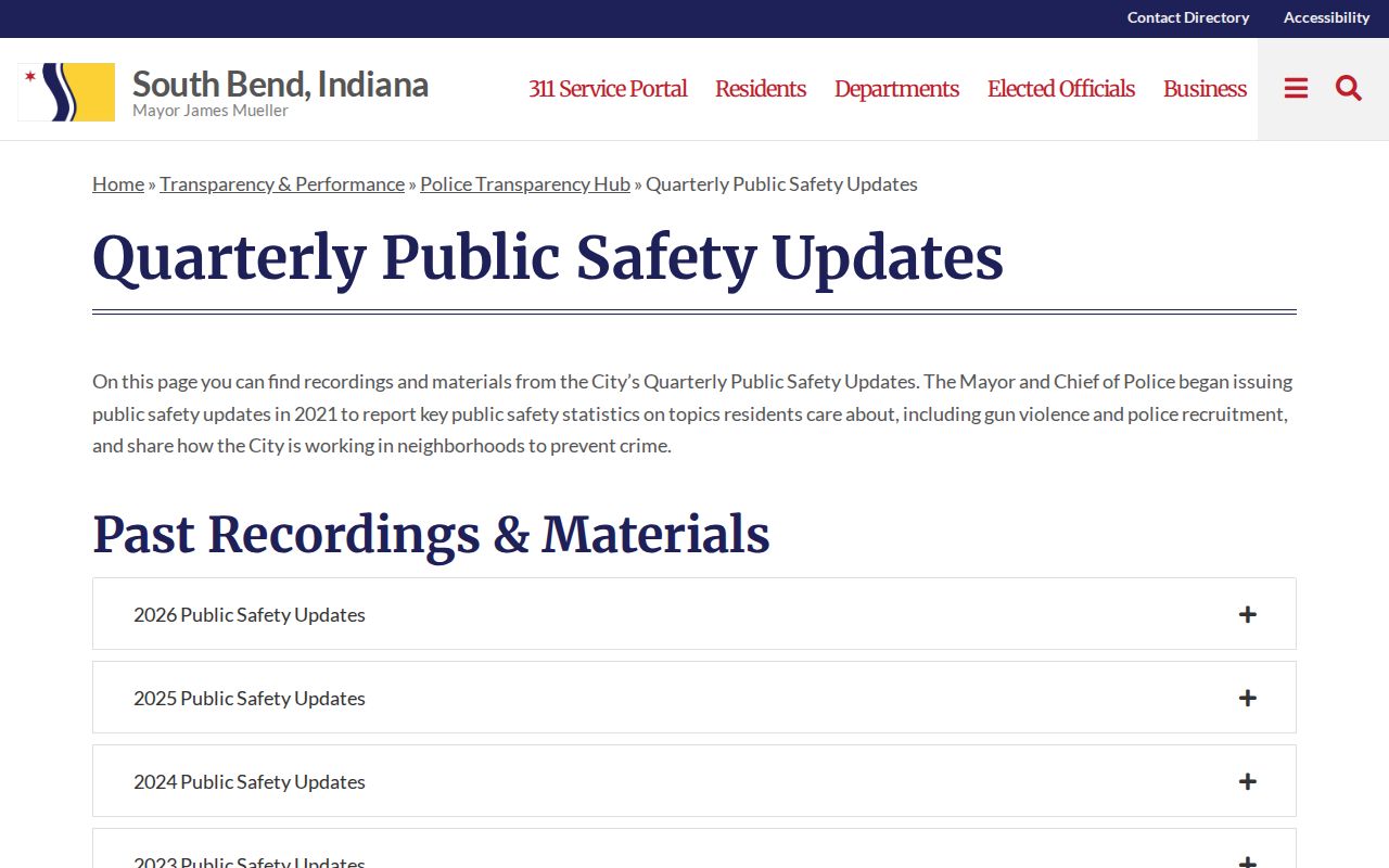 South Bend quarterly public safety updates page used for block-level context