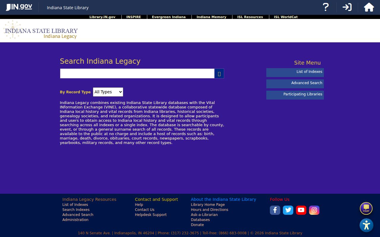 Indiana Legacy historical index search used after identifying a former South Bend household