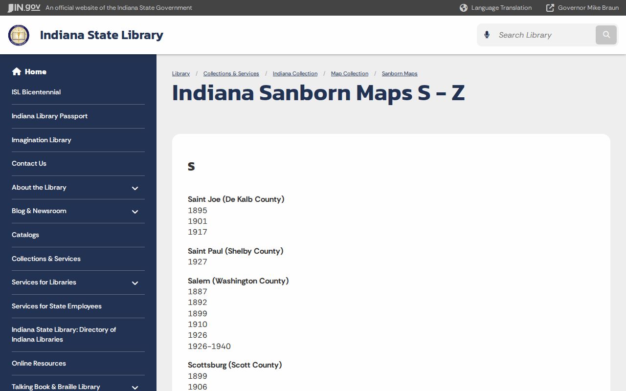 Indiana State Library listing of South Bend Sanborn maps for previous-resident and house-history research