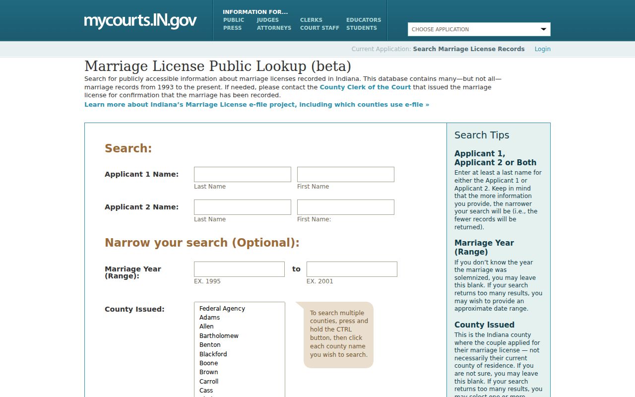 Indiana public marriage license search fields used for South Bend records