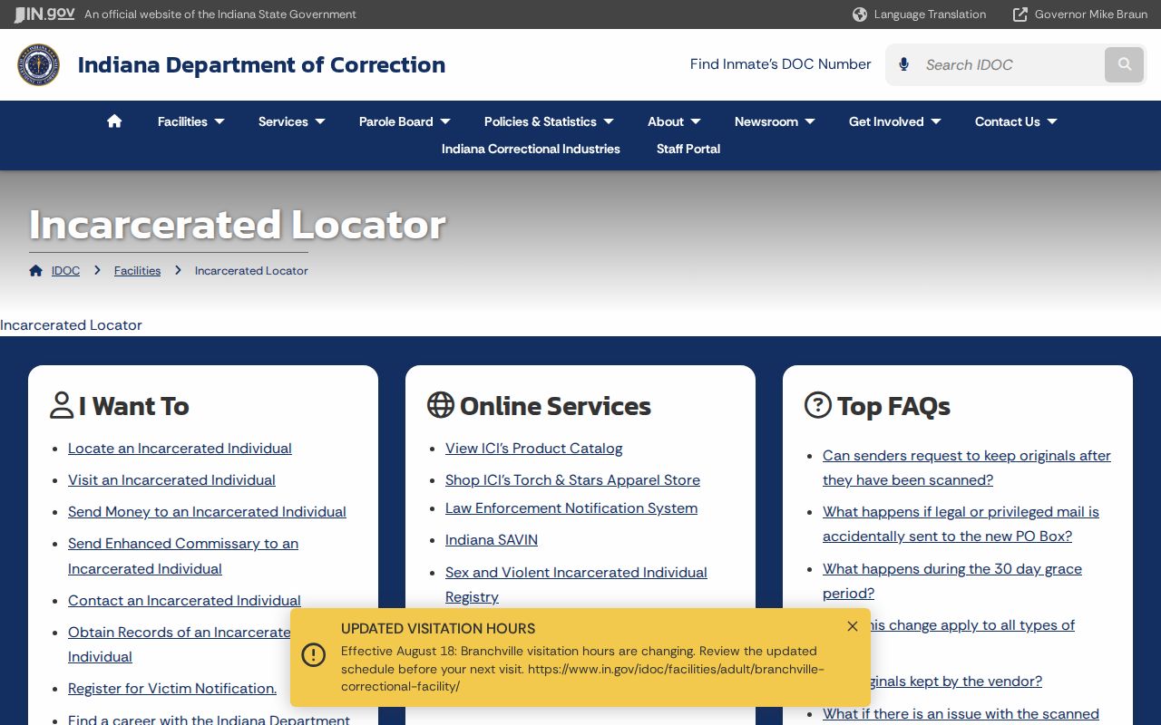 Indiana Department of Correction locator used as a system-specific South Bend lookup