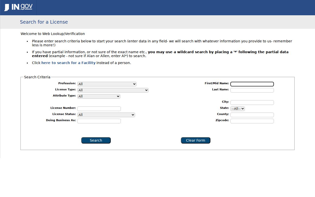 Indiana professional license verification filters for a South Bend name search