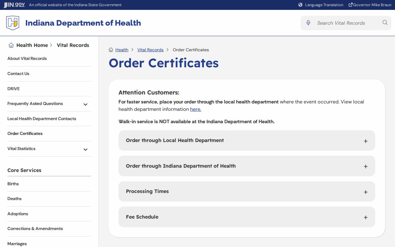 Indiana Department of Health vital records ordering options for South Bend events